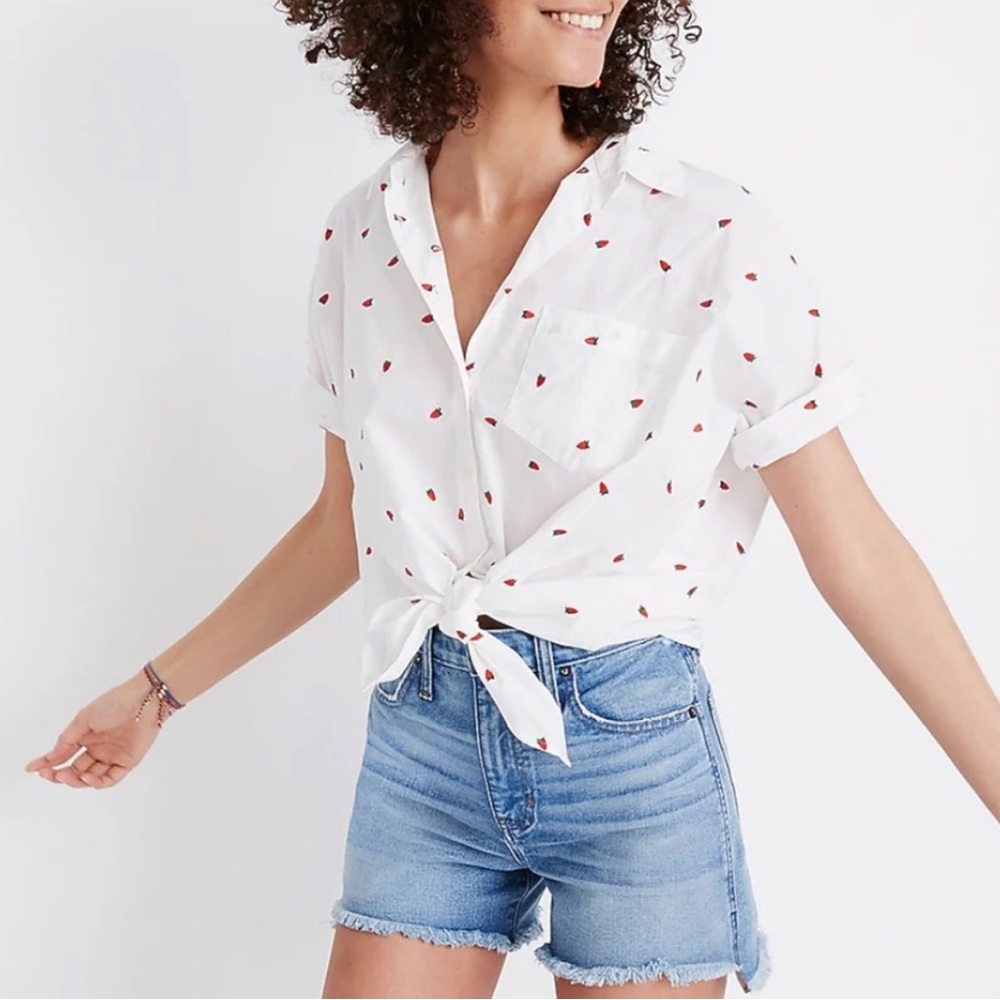 Madewell Embroidered Strawberry Tie Front Top - Small